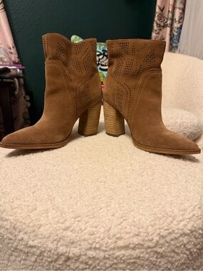 Vince Camuto Tan Suede Perforated Ankle Boots with Stacked Heel